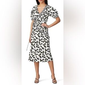 NWT Love Whit Floral Midi‎ Black and White Wrap Dress with Puffy Sleeves - S